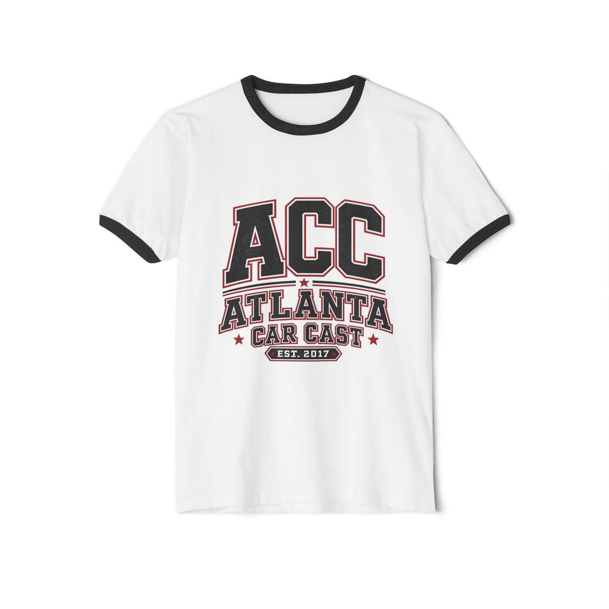 Atlanta Car Cast ACC Logo Unisex Ringer T-Shirt – Vintage Varsity Style, White/Black, 100% Cotton