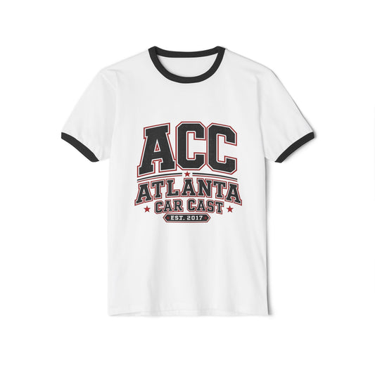Atlanta Car Cast ACC Logo Unisex Ringer T-Shirt – Vintage Varsity Style, White/Black, 100% Cotton