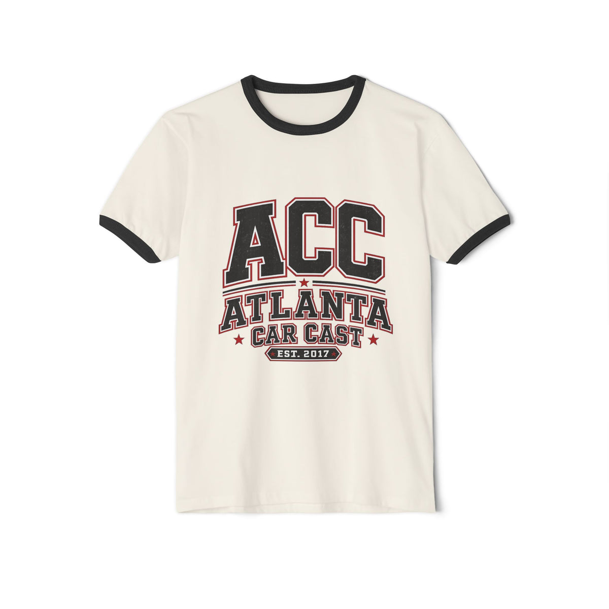Atlanta Car Cast ACC Logo Unisex Ringer T-Shirt – Vintage Varsity Style, White/Black, 100% Cotton