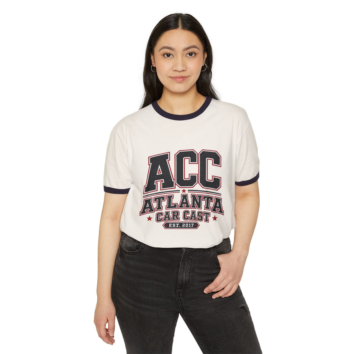 Atlanta Car Cast ACC Logo Unisex Ringer T-Shirt – Vintage Varsity Style, White/Black, 100% Cotton