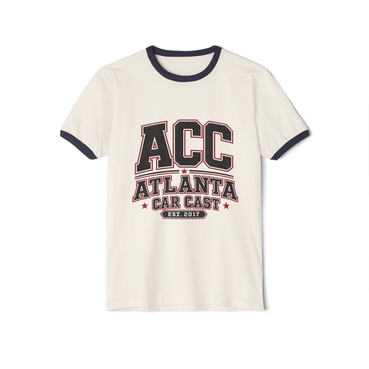Atlanta Car Cast ACC Logo Unisex Ringer T-Shirt – Vintage Varsity Style, White/Black, 100% Cotton