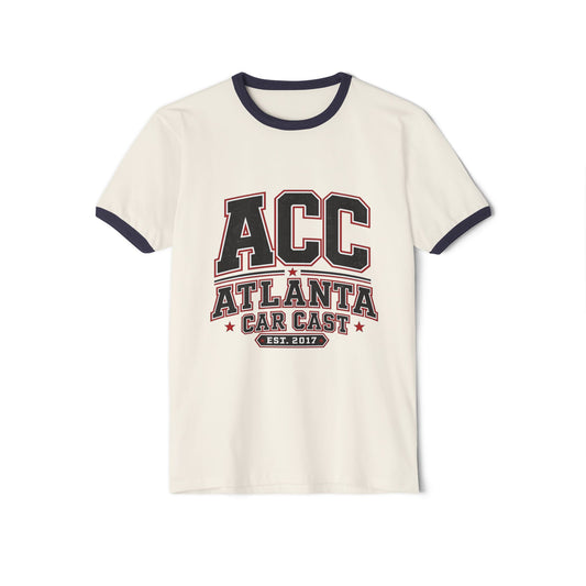 Atlanta Car Cast ACC Logo Unisex Ringer T-Shirt – Vintage Varsity Style, White/Black, 100% Cotton