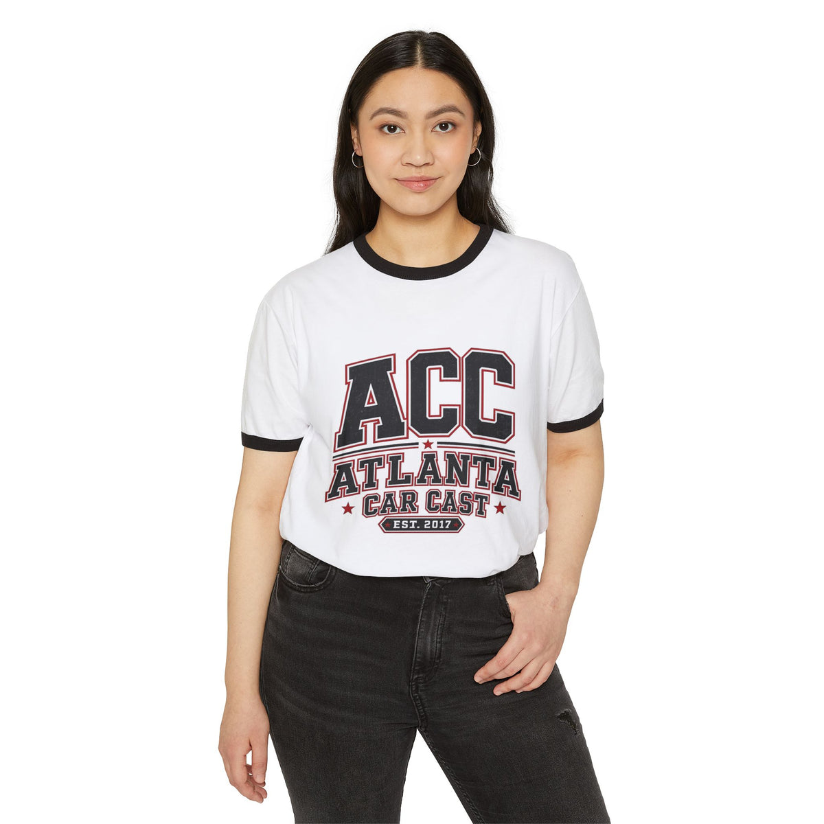 Atlanta Car Cast ACC Logo Unisex Ringer T-Shirt – Vintage Varsity Style, White/Black, 100% Cotton