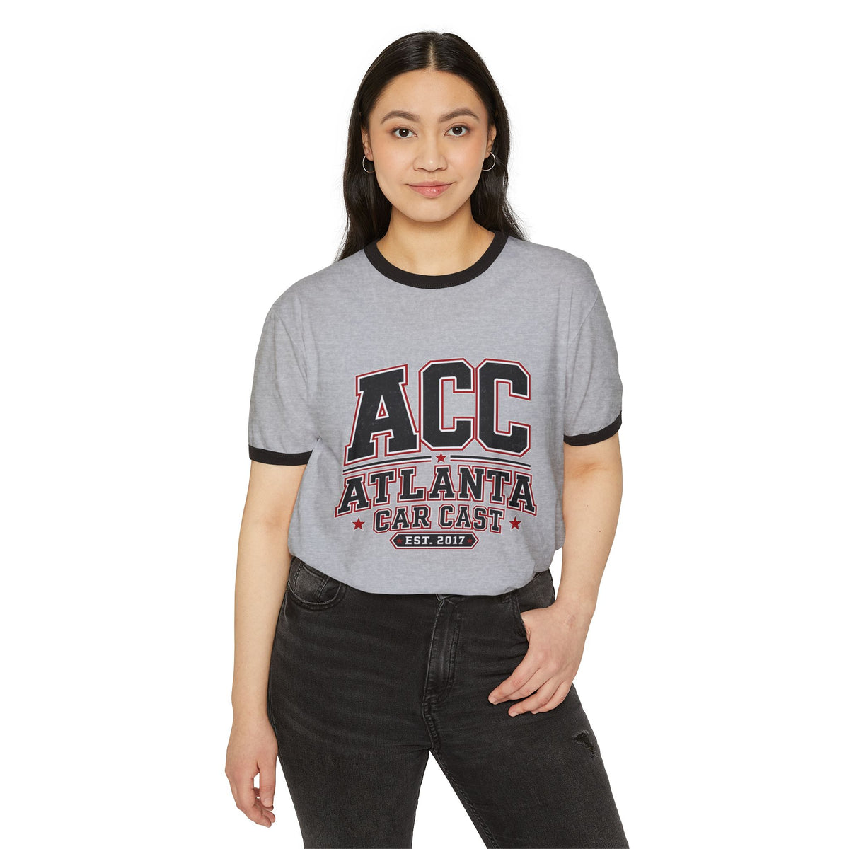 Atlanta Car Cast ACC Logo Unisex Ringer T-Shirt – Vintage Varsity Style, White/Black, 100% Cotton